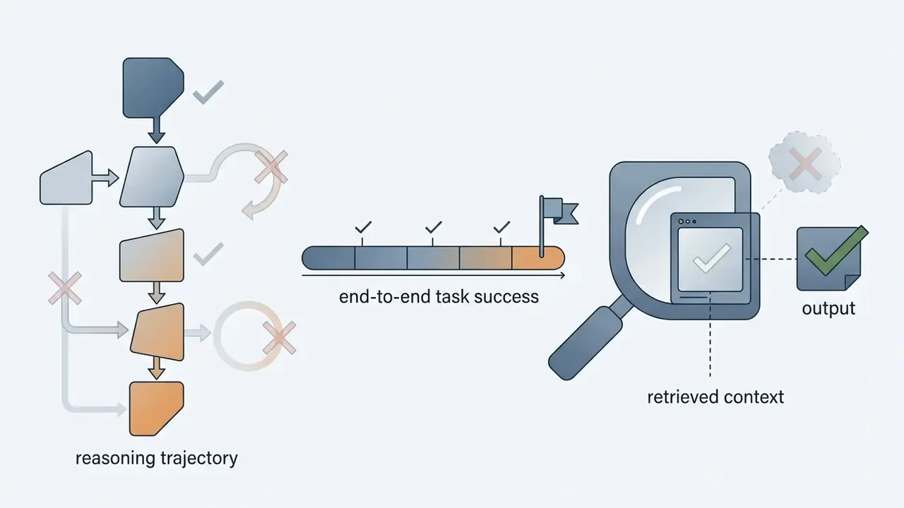 Workflow steps showing reasoning trajectories, task success metrics, and grounded context verification