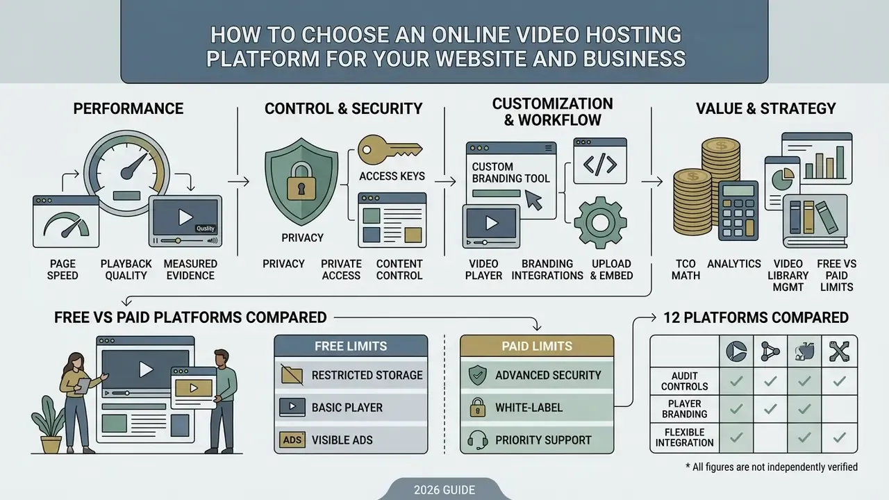 Infographic detailing evaluation criteria for media services including performance, security, and costs