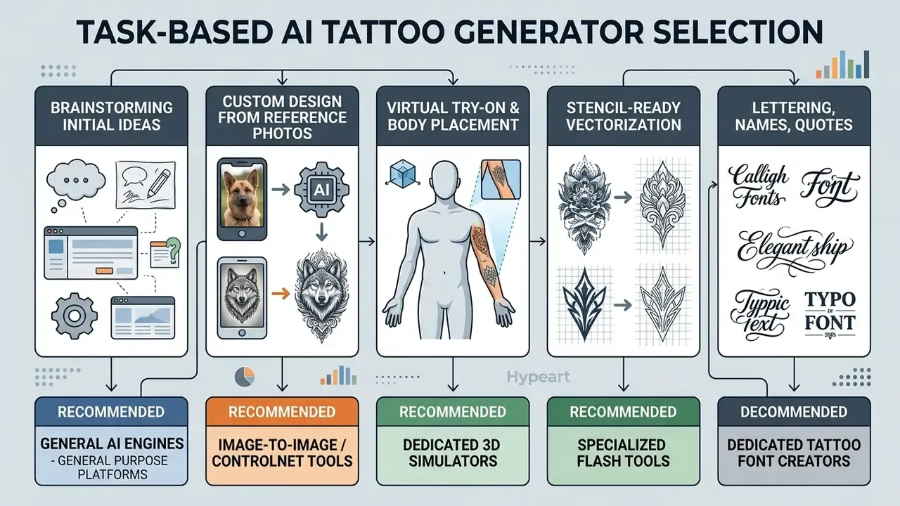 Flowchart matching specific tattoo design tasks to recommended categories of AI generator software