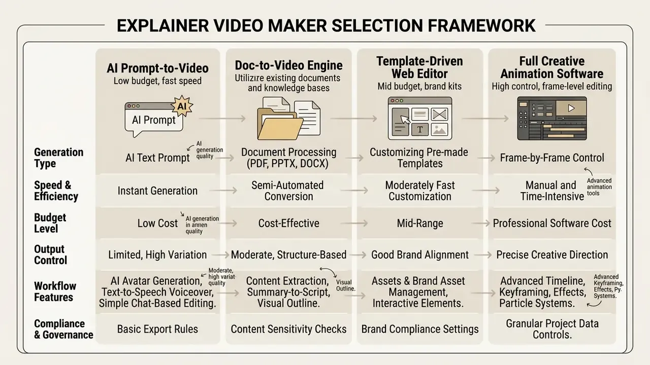 Comparison matrix for an explainer video maker showing four software categories across six key criteria