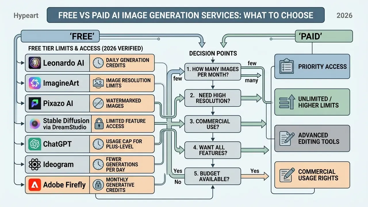 Comparison of free and paid AI image generation services with a decision tree for selecting the best image generating AI