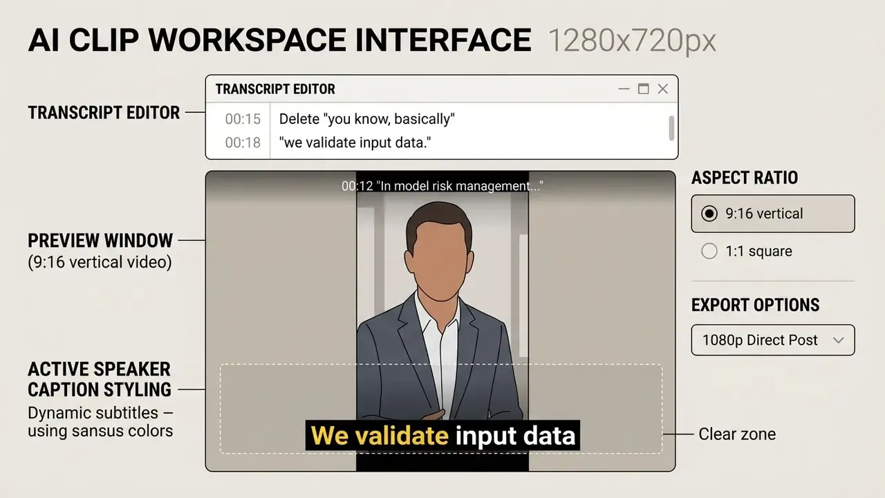 Video editing workspace featuring a transcript editor, vertical preview window, and subtitle styling tools