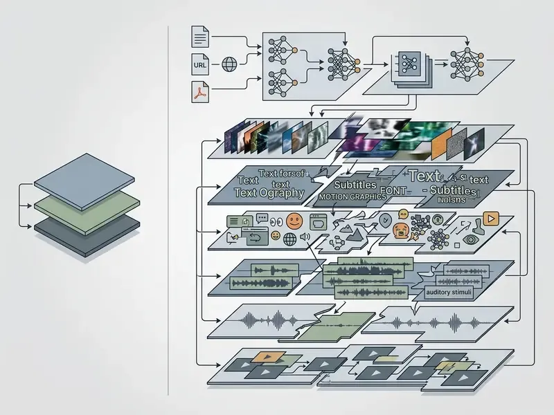 Technical diagram showing data inputs feeding into a multi-layered stack of visual and auditory elements