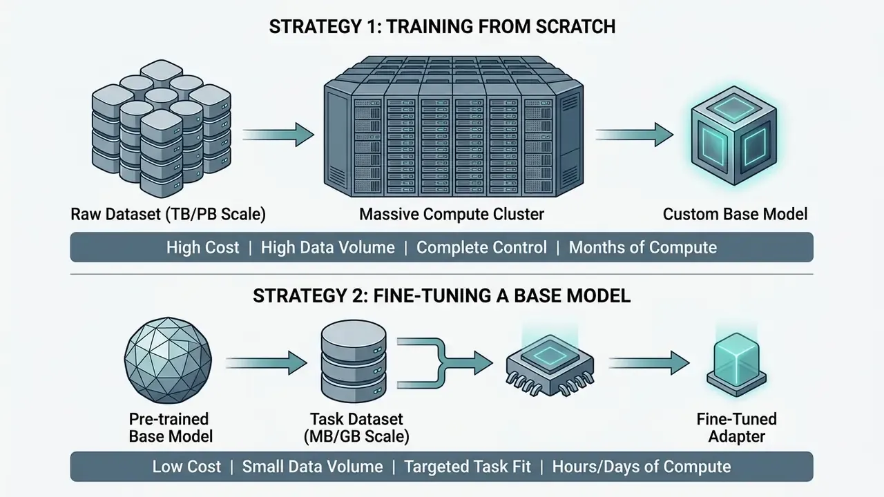 Flowchart comparing training an AI model from scratch versus fine-tuning a pre-trained base model
