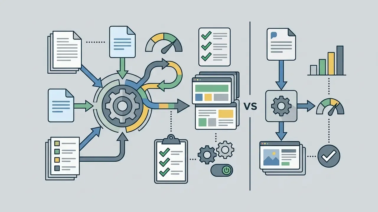 Side by side comparison of document processing workflows featuring gears, checklists, and slide outputs