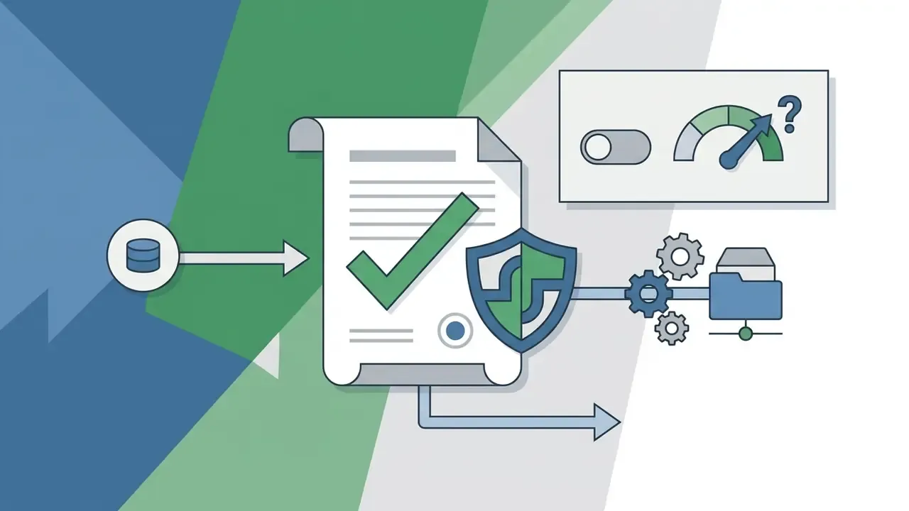 Data feeding into a contract document with a shield icon and a settings toggle with a question mark gauge