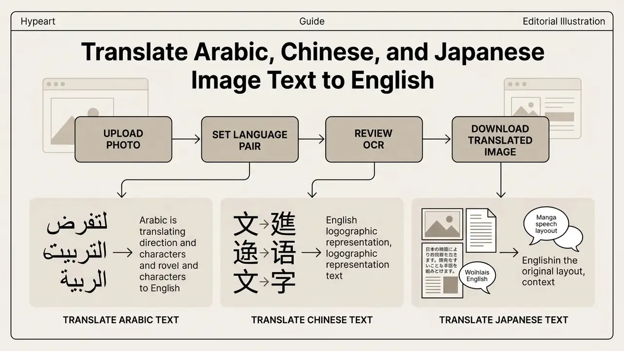 Workflow diagram showing how to translate image text into English for Arabic, Chinese, and Japanese