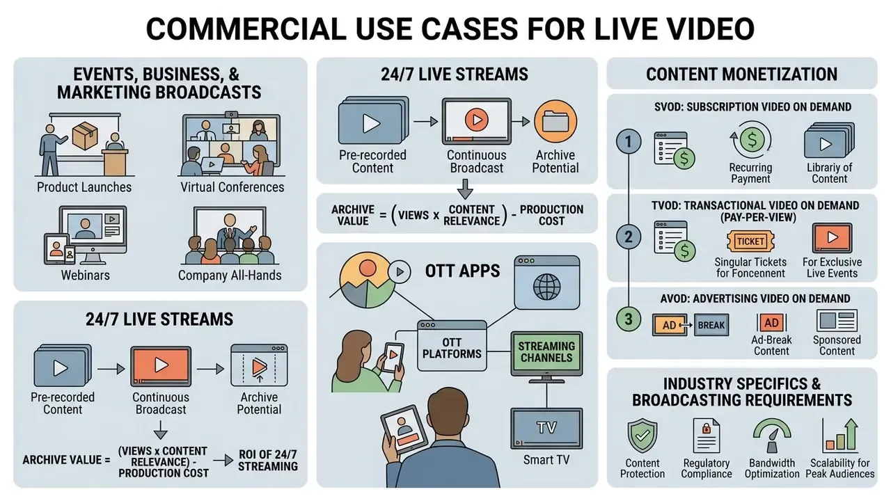 Overview of broadcasting applications including event streaming, content monetization models, and OTT platforms