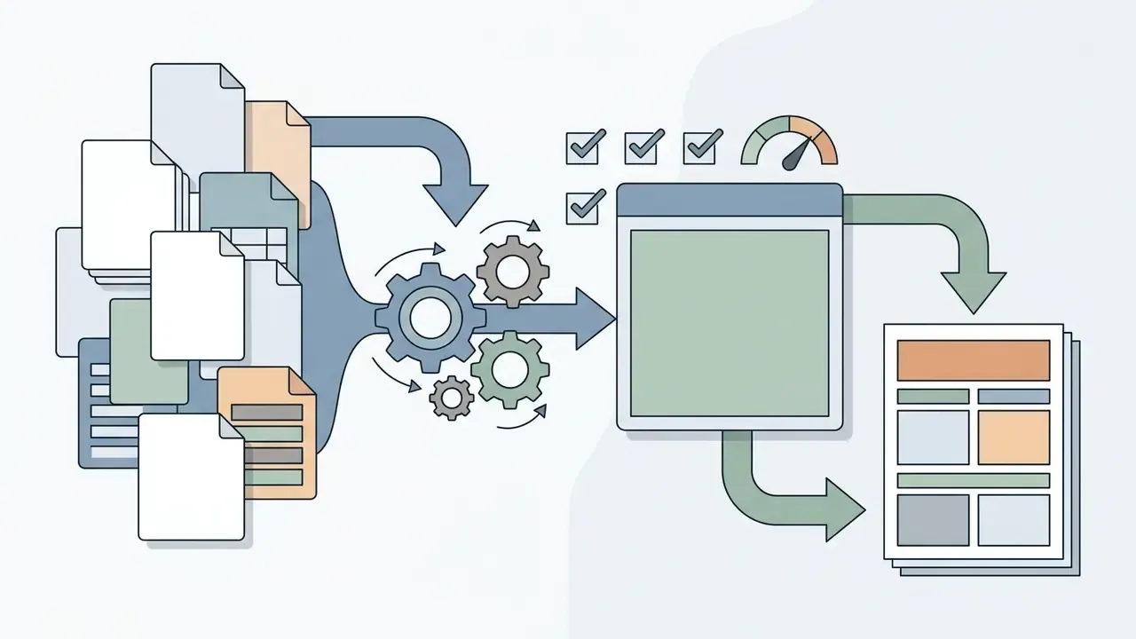Raw document files feeding into a central gear system for automated content structuring and final layout export