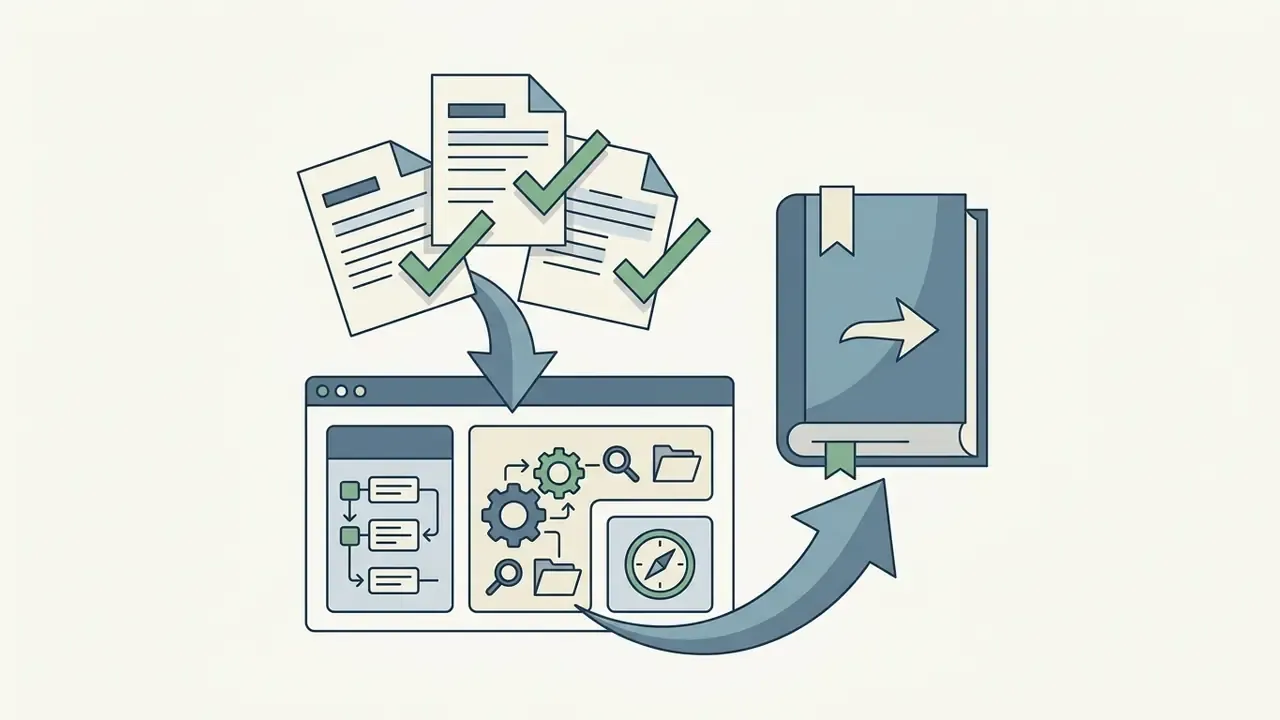 Documents with checkmarks feeding into a software interface that links to a reference book