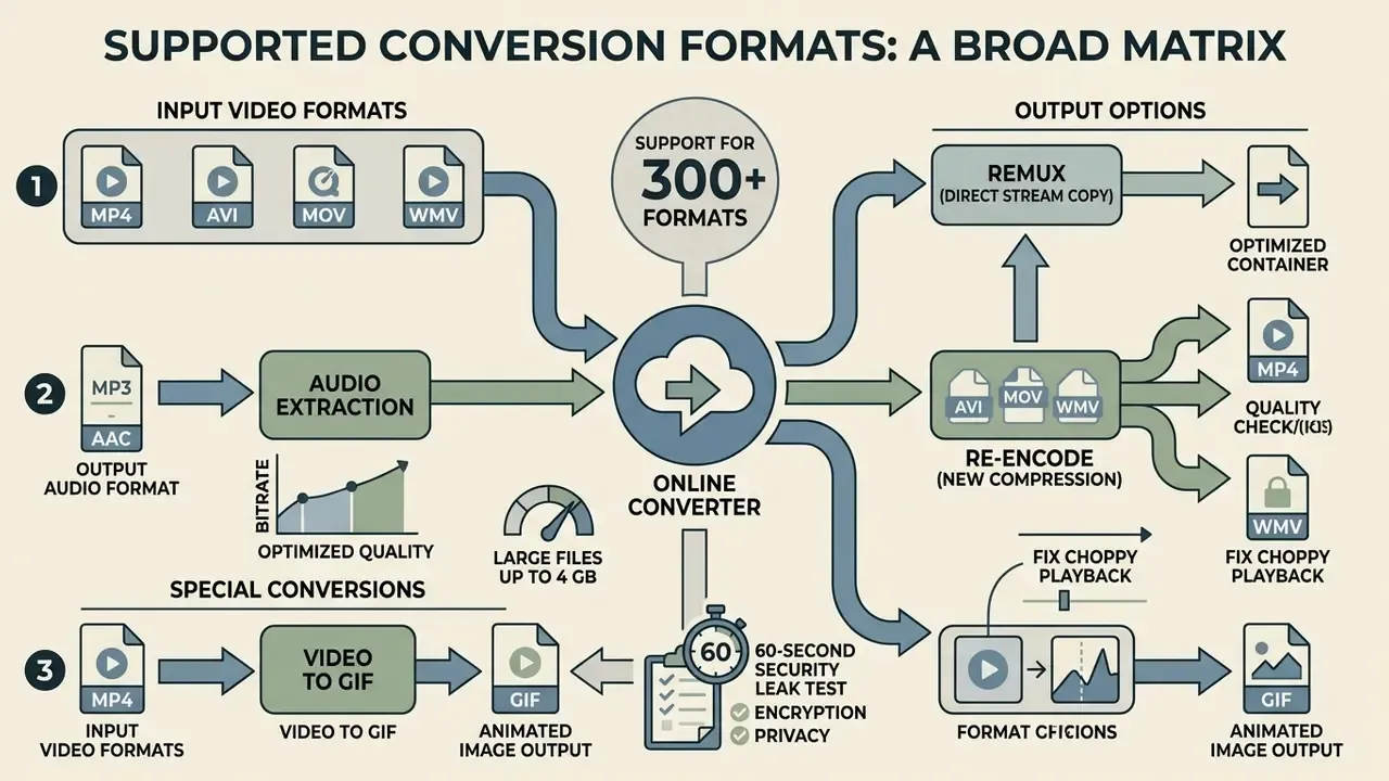 Matrix diagram illustrating input video formats, audio extraction, and various output conversion options