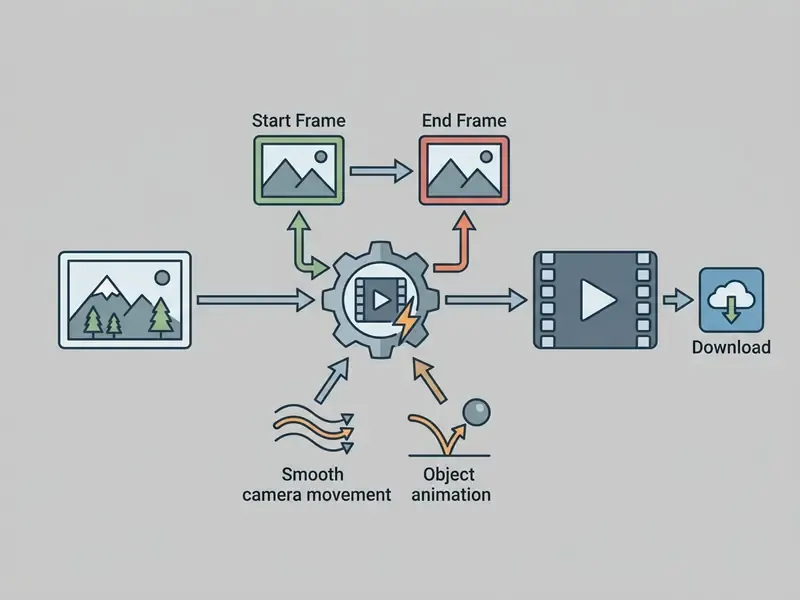 Workflow diagram showing image input, frame selection, motion settings, video generation, and download