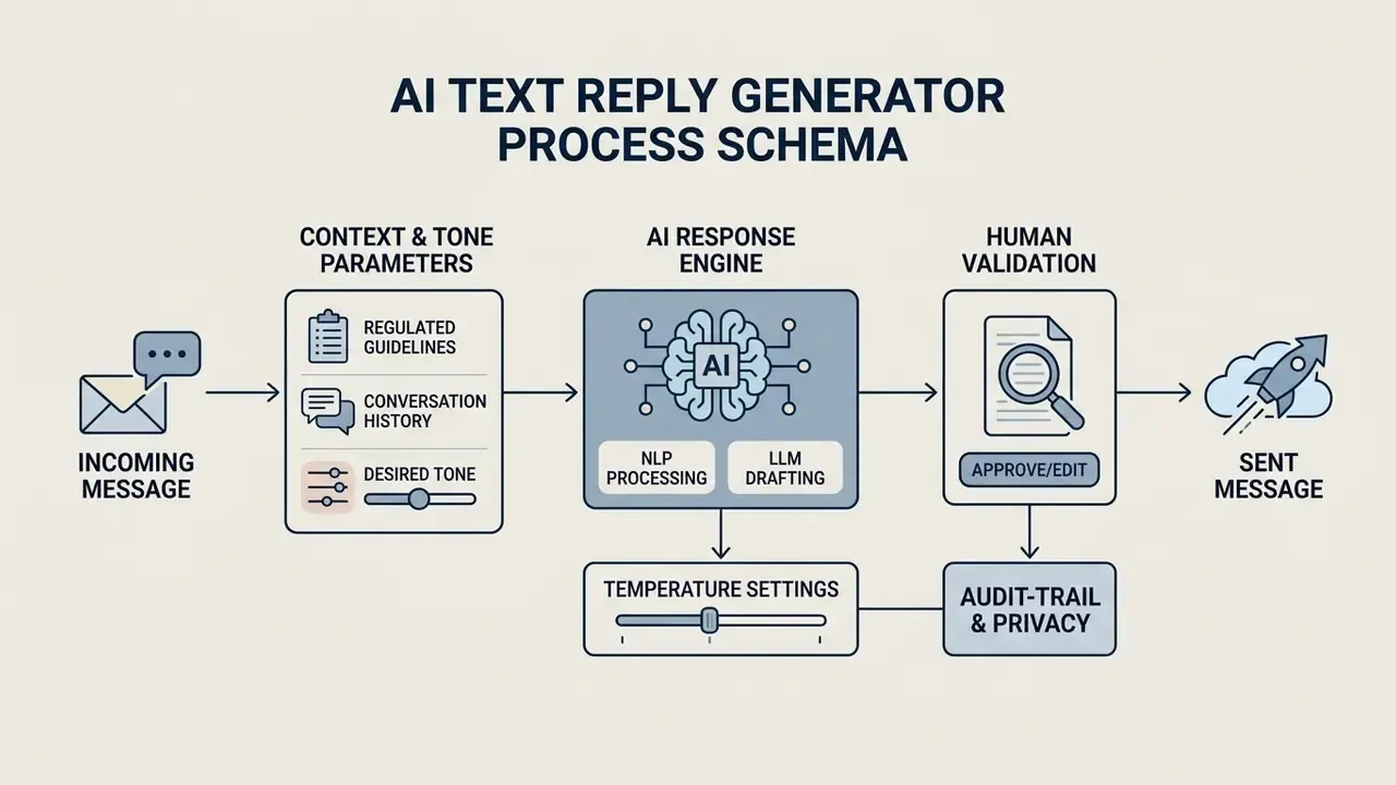 Diagram showing the stages from message receipt through AI processing and human validation to final delivery