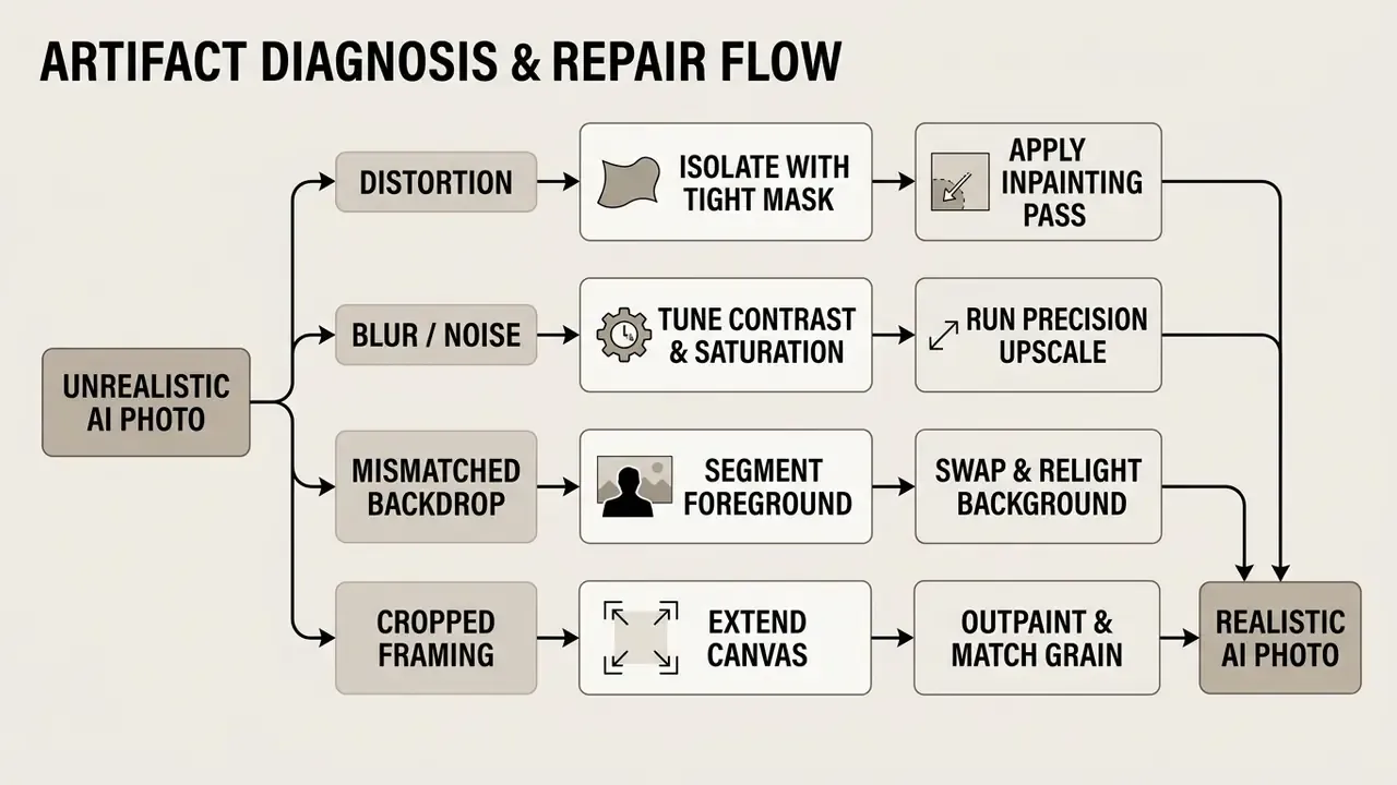Flowchart mapping specific artifact issues to technical repair steps for improving image quality
