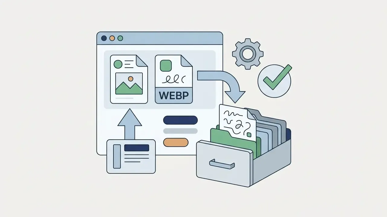Browser window exporting image files into a filing cabinet with a gear and checkmark icon