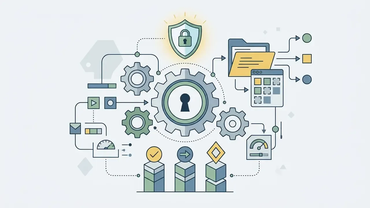 Interconnected gears and security icons representing data protection and controlled access workflows