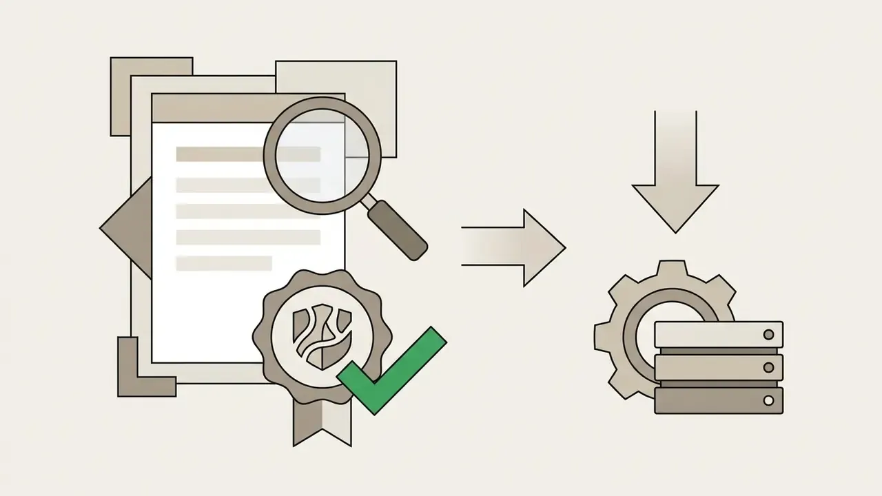 Magnifying glass over a document with a seal and checkmark pointing toward a gear and server icon