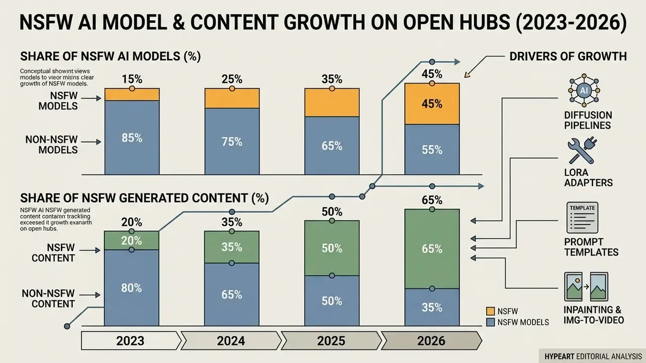Bar charts showing the rising percentage of NSFW AI models and generated content from 2023 to 2026