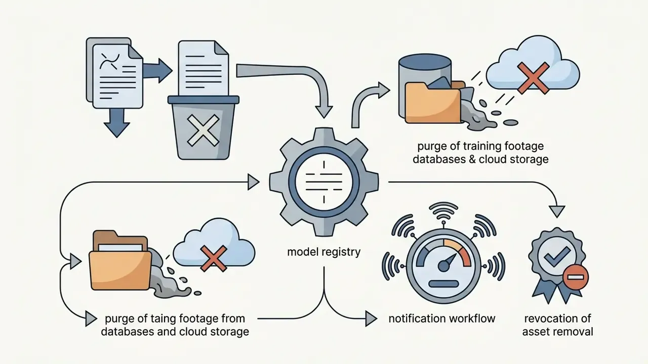 Process flow for decommissioning avatar models including data purging, registry updates, and notifications