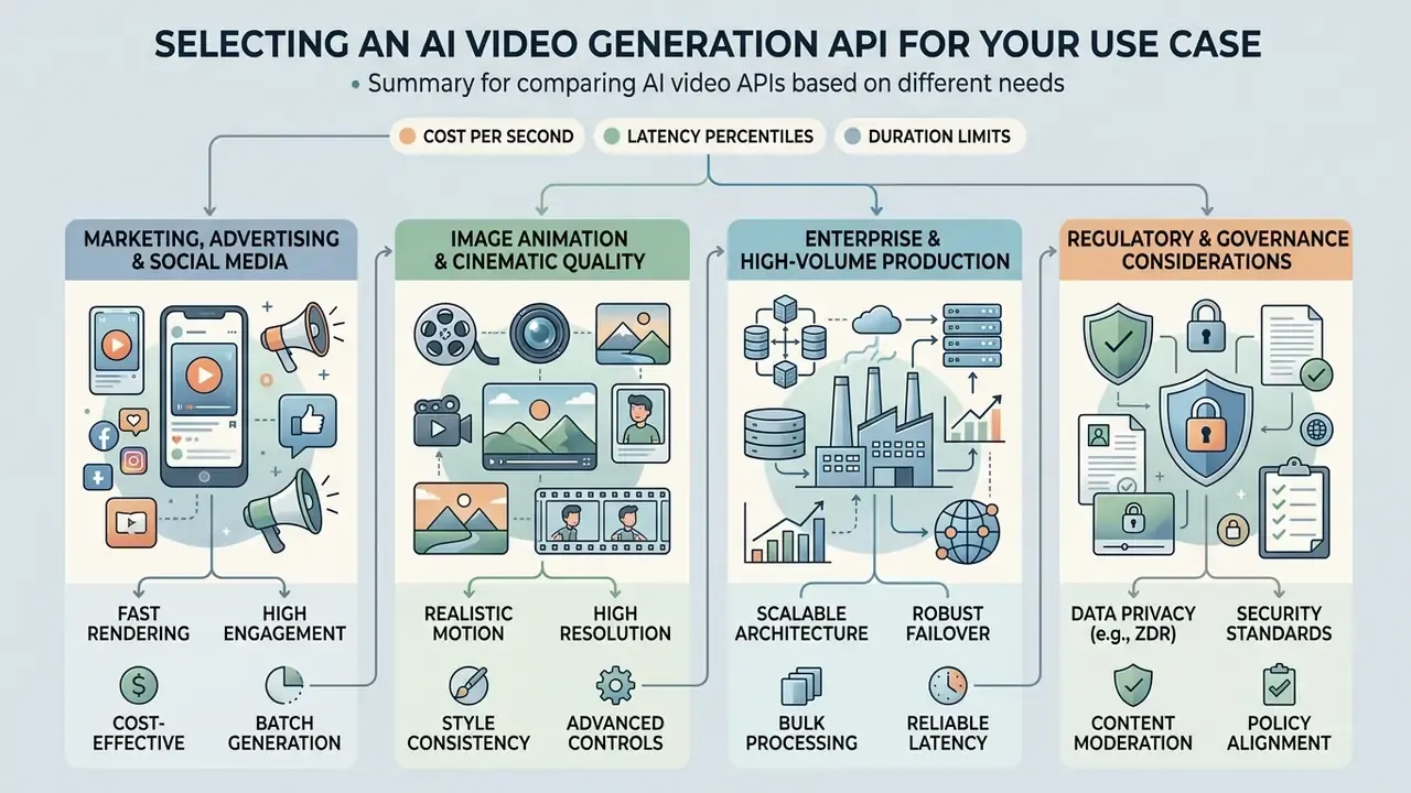 Infographic showing four pillars for selecting an AI Video API including marketing, animation, and scale