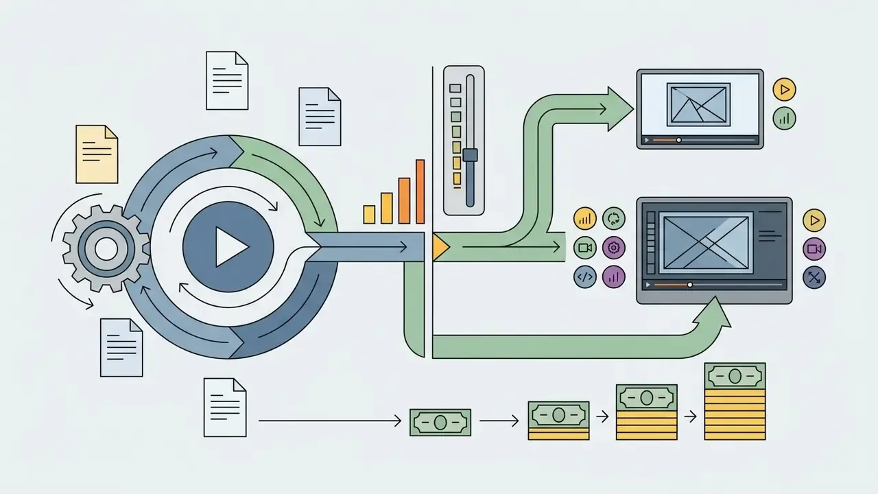 Circular process feeding into video output screens with a slider and a growing stack of money icons
