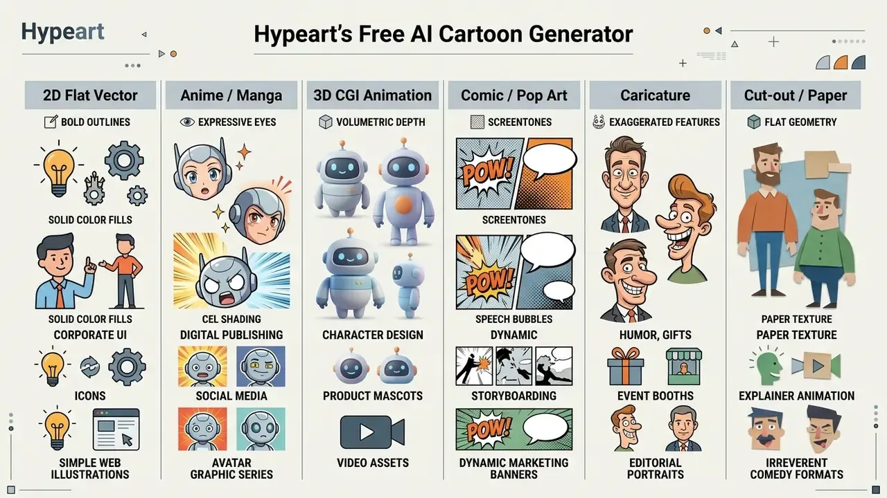 Table comparing six cartoon art styles including 2D vector, anime, 3D CGI, pop art, caricature, and cut-out