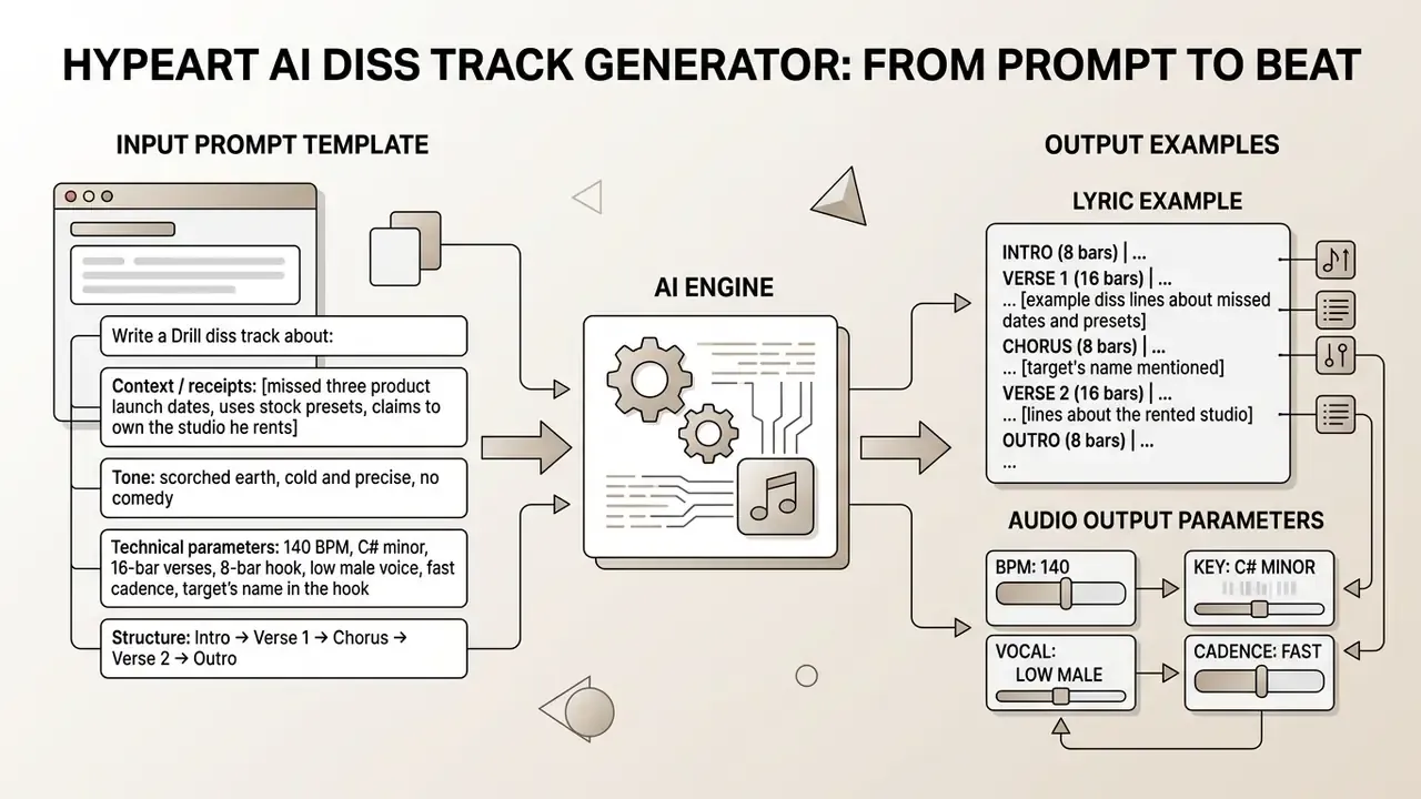 Visual representation of a prompt template feeding into an engine to generate lyrics and audio settings