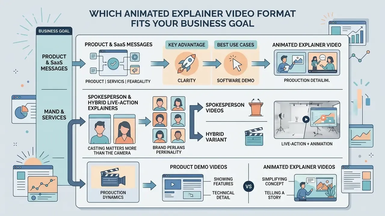 Comparison chart detailing production paths for SaaS messages, spokesperson videos, and product demos