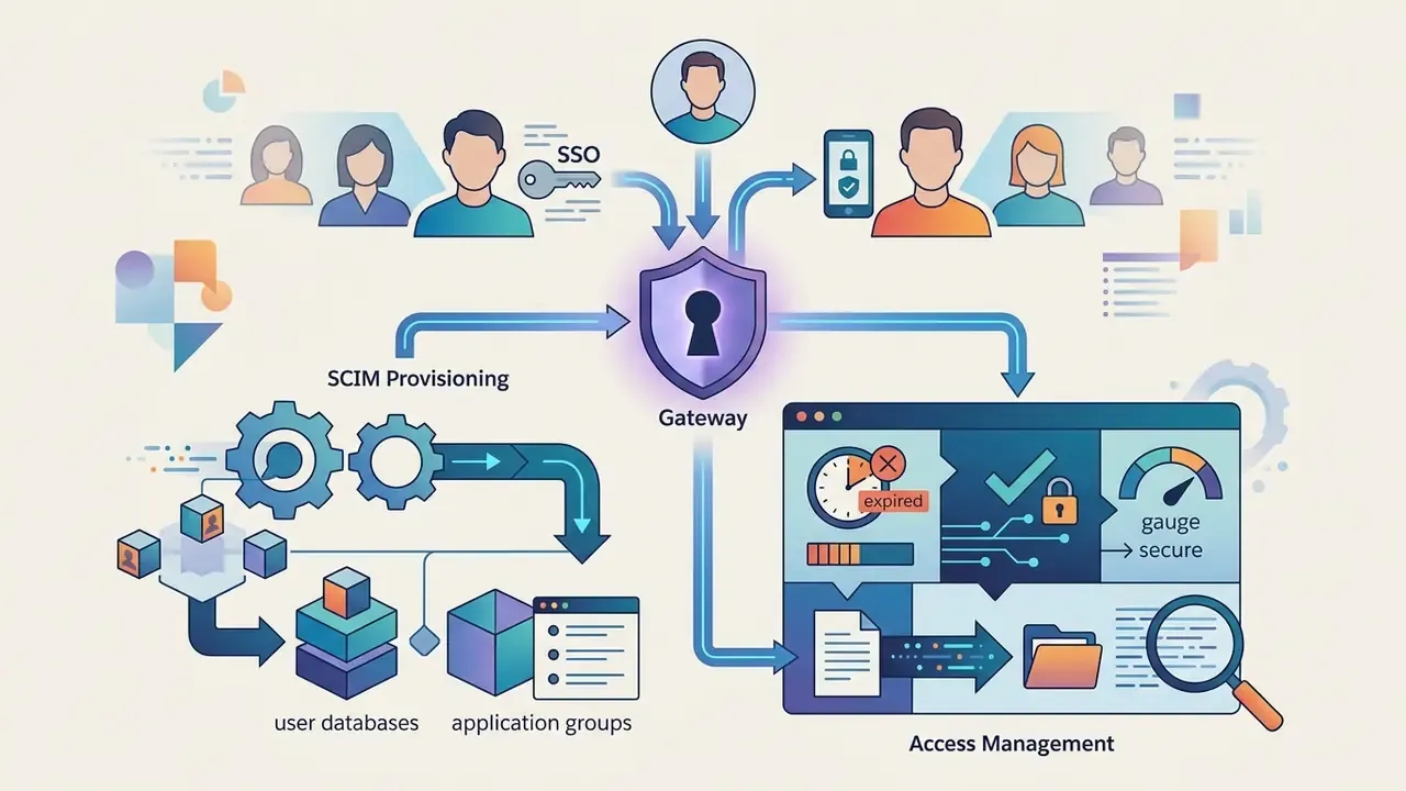 Gateway shield connecting user groups and SCIM provisioning to an access management dashboard