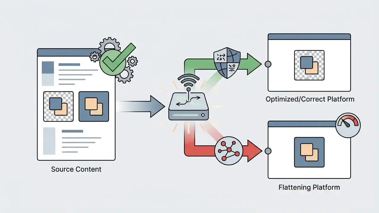 Flowchart showing video content being sent to either a platform that supports transparency or one that flattens it