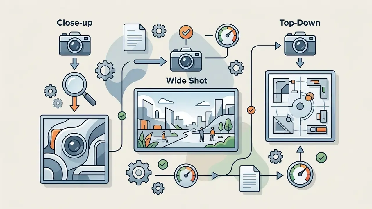 Process map showing camera icons connected to various framing styles like close-up wide shot and top-down
