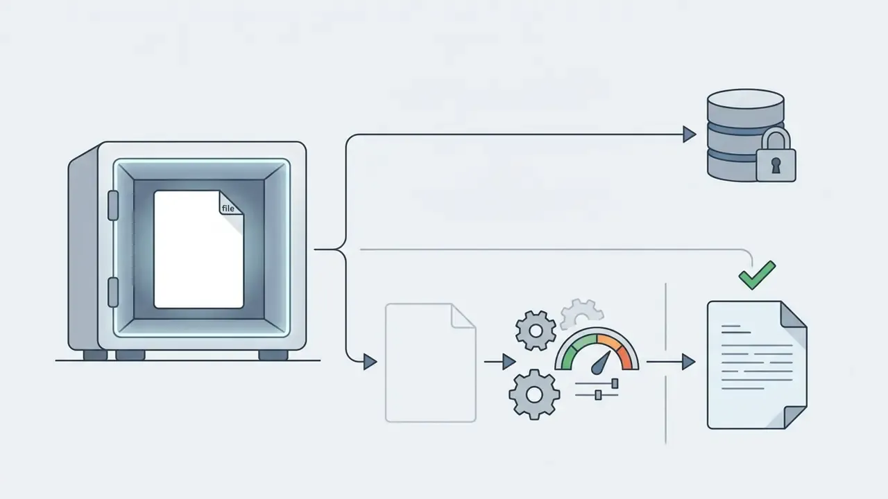 Original file stored in a safe being routed to a secure database and a processed output document