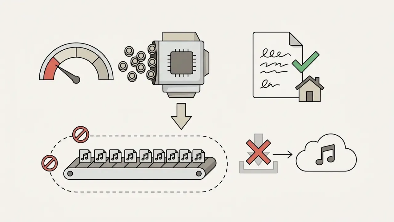 Processor creating music files on a conveyor belt with usage limits and personal use restrictions