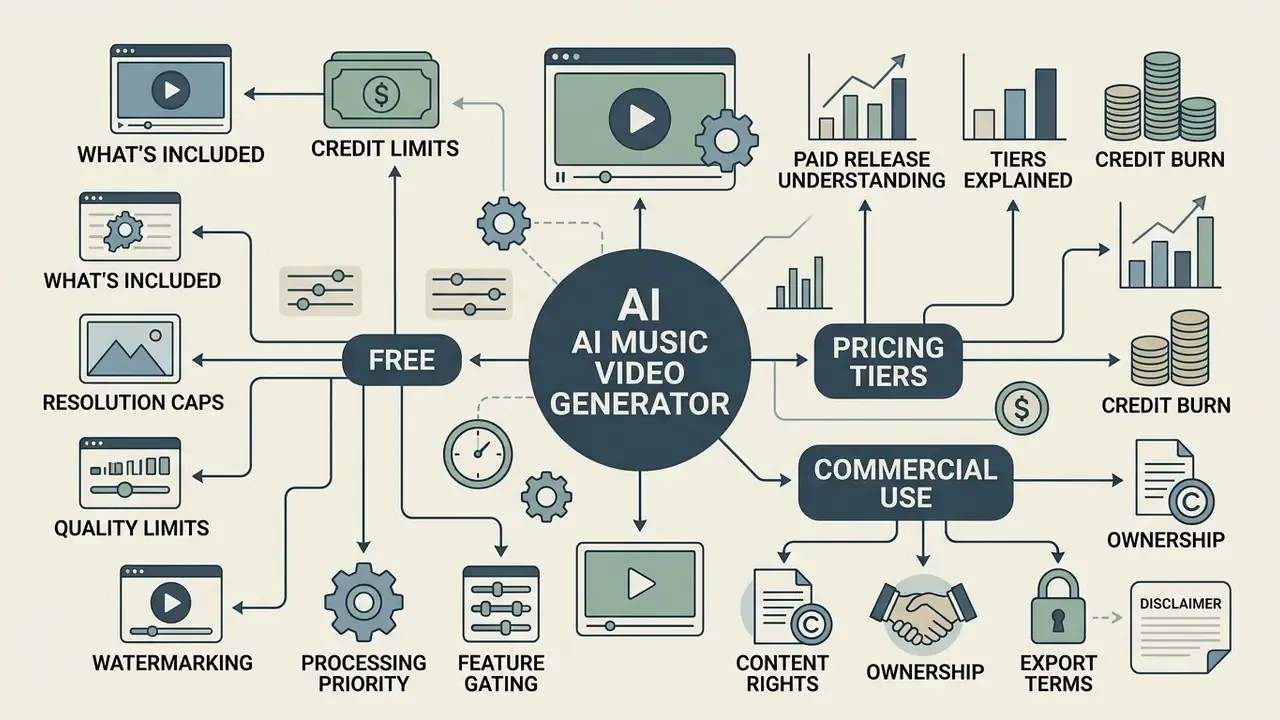 Mind map detailing free features, pricing tiers, and commercial usage rights for generative video software