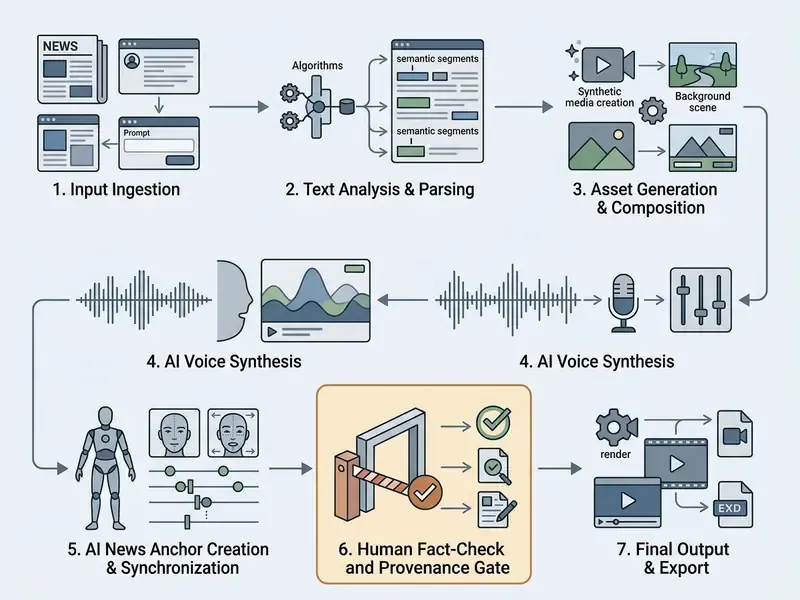 Diagram showing seven sequential steps for AI news video production including a mandatory human review gate