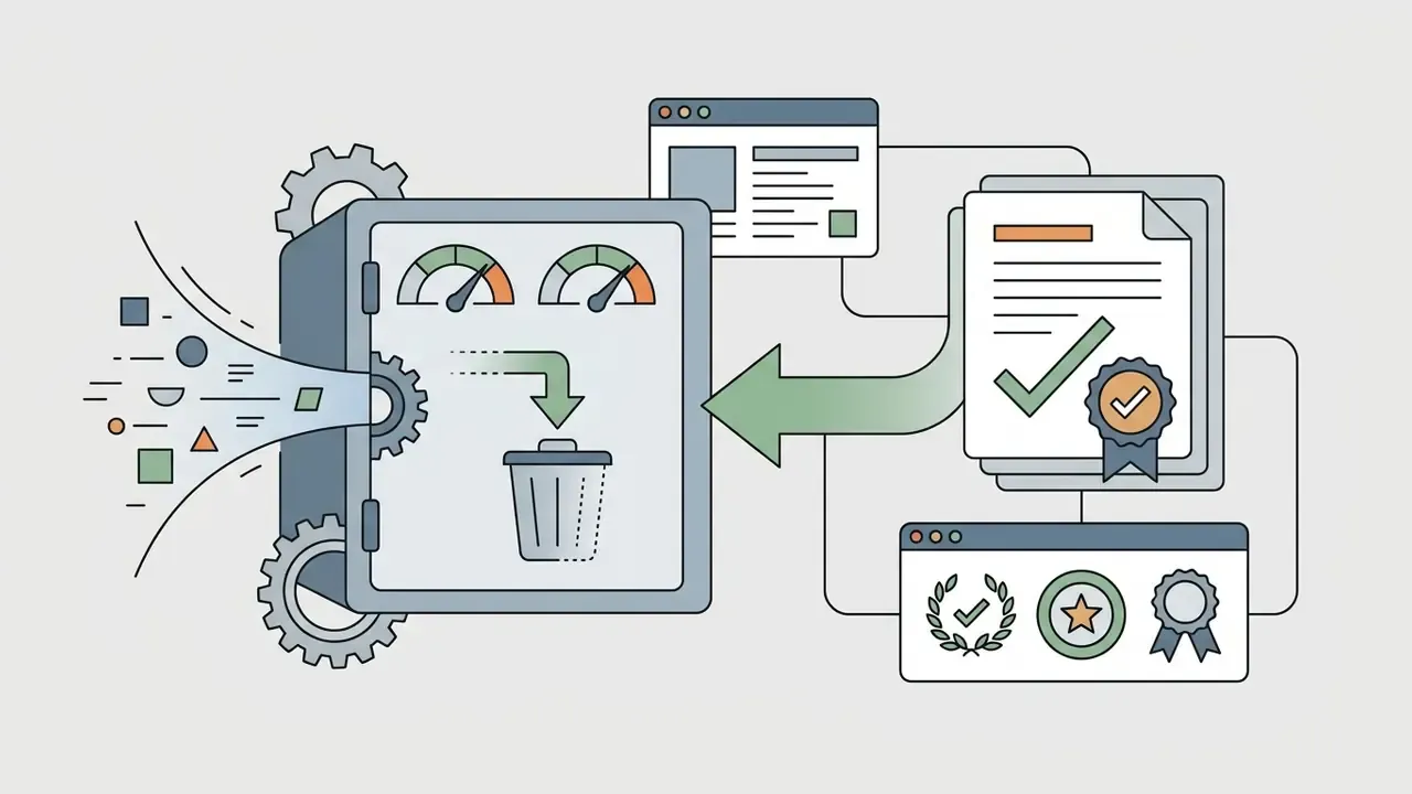 Safe with a trash icon connected to audit documents and compliance badges representing data validation