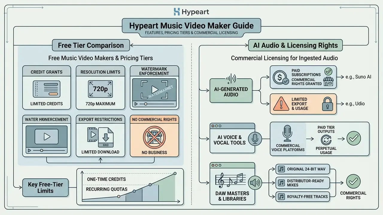 Comparison chart detailing free-tier software restrictions alongside commercial licensing for AI audio