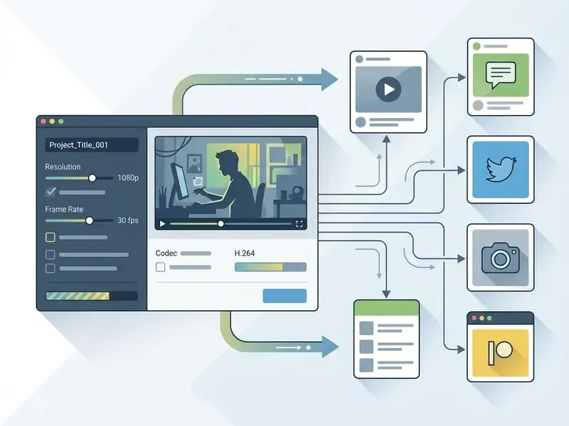Video export interface showing settings for resolution and frame rate with paths to social media platforms