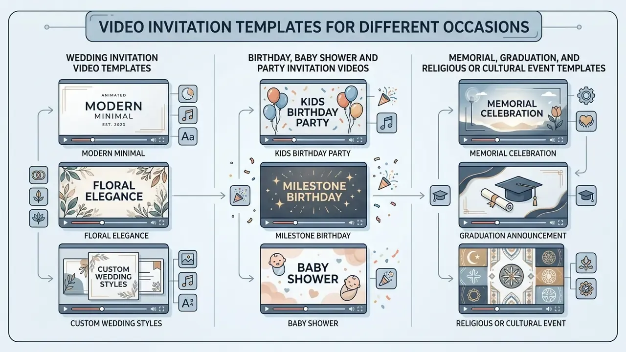 Infographic displaying various video invitation styles categorized by wedding, party, and life events