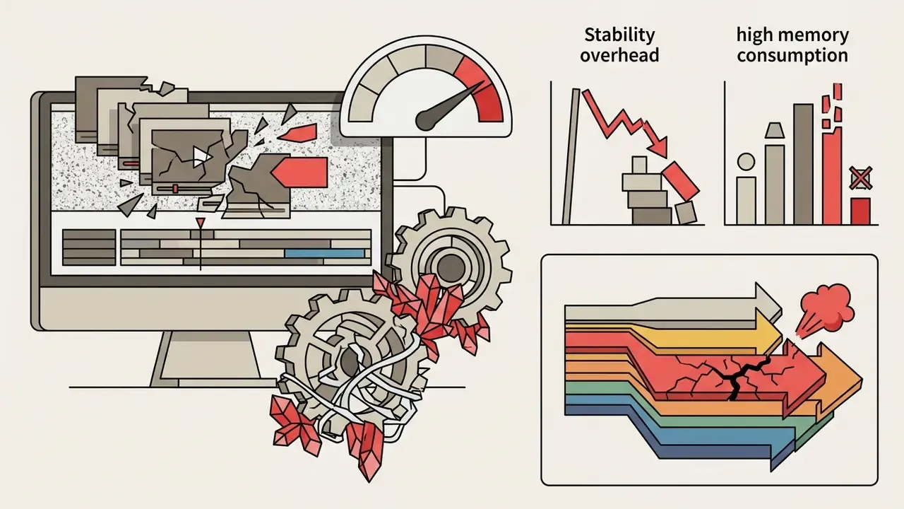 Computer monitor showing a crashing video project with gears, performance gauges, and data flow charts