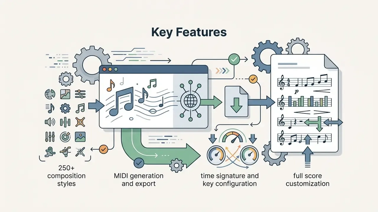 Composition styles and MIDI tools feeding into a processing hub that outputs to a musical score document