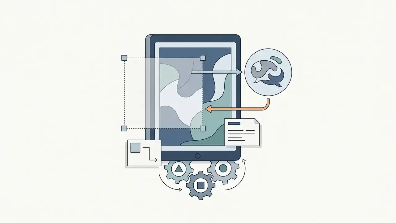 Tablet screen with a selection box, a circular feedback icon, document snippets, and rotating gears