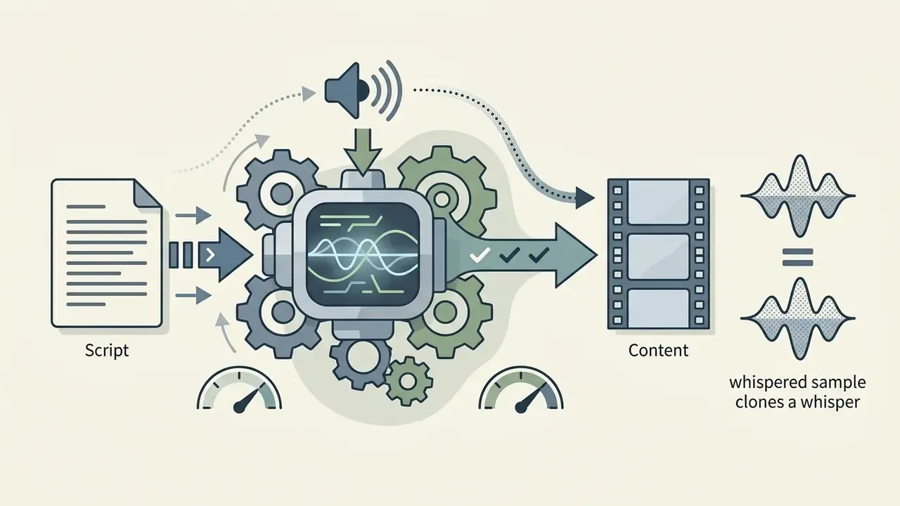 Script and audio inputs feeding into a gear mechanism that synthesizes voice clones and video content