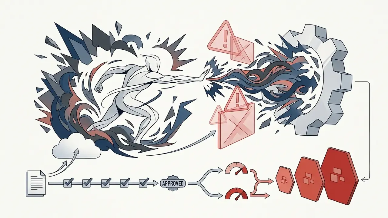 Stylized figure projecting energy through moderation barriers into a gear mechanism for an AI video generator