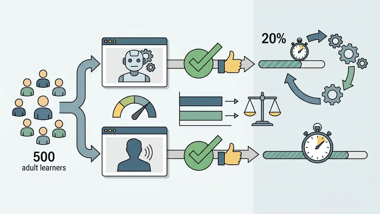 Comparison of learners watching AI avatar and human videos showing equal engagement and faster completion