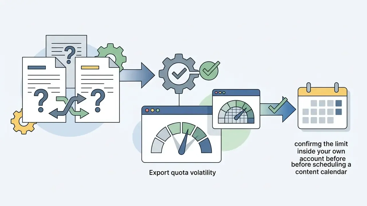 Documents with question marks feeding into gear and gauge icons leading to a content calendar
