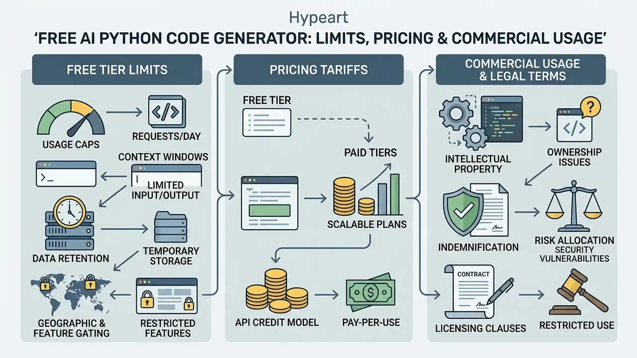 Infographic mapping usage limits, pricing tiers, and legal considerations for software development tools