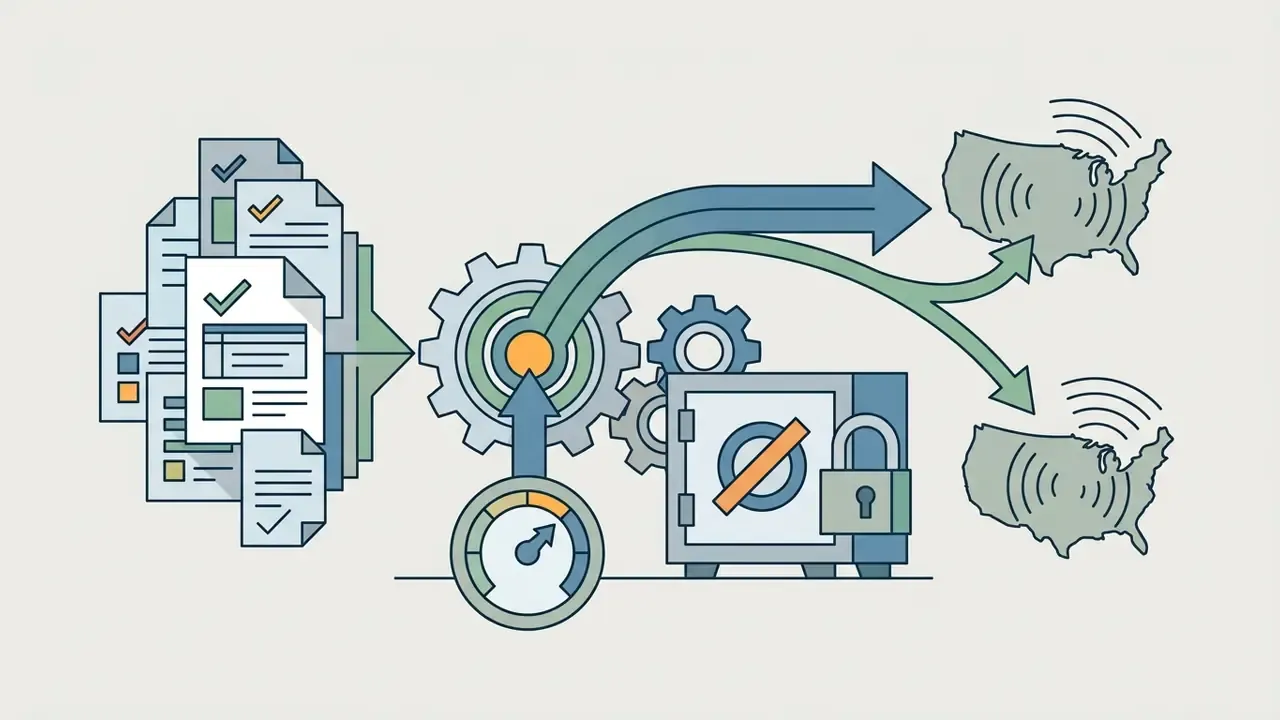Documents with checkmarks feeding into a gear mechanism that archives data and distributes it to regional maps