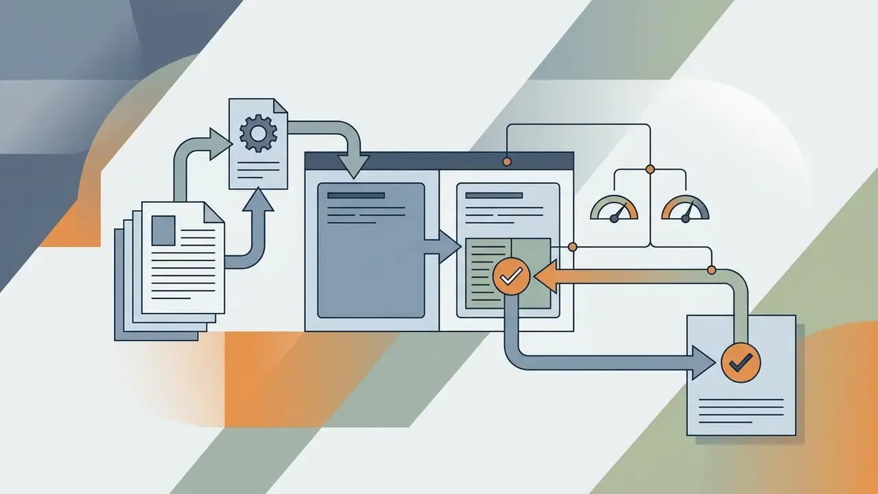 Documents moving through a processing cycle with gauges and checkmarks to produce a verified report