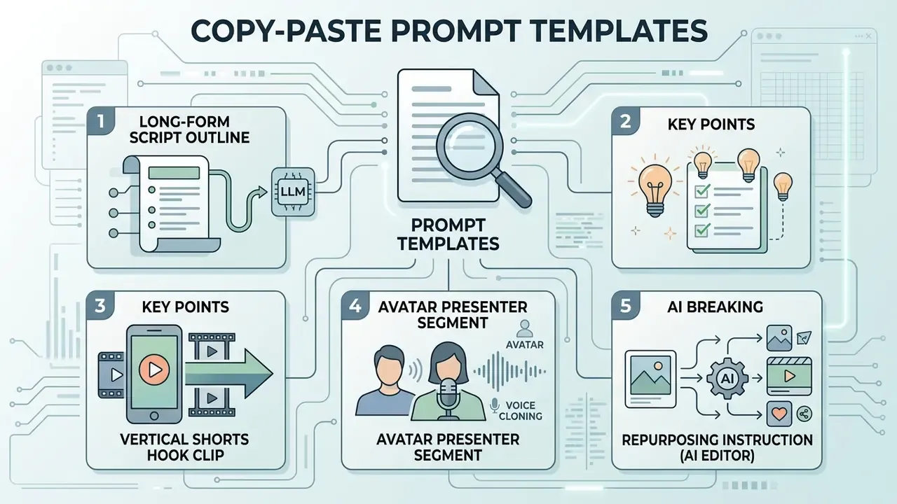 Infographic showing five numbered steps for using AI prompt templates to create YouTube videos
